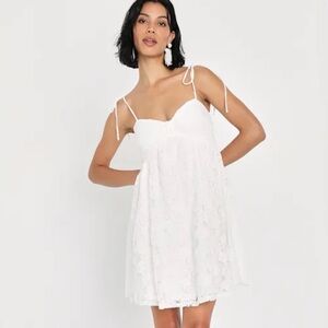 Lulus NWT Angelic White Lace Tie-Shoulder Babydoll Mini Dress